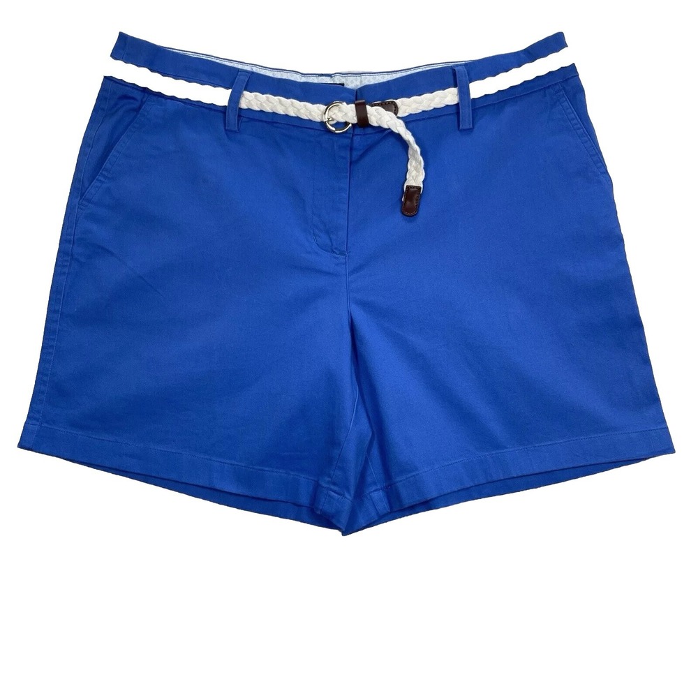British Khaki Summer Stretch Chino Blue Shorts White Braid Belt Size 12 Preppy